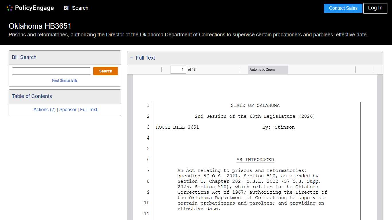 HB3651 Oklahoma 2026 Prisons and reformatories; authorizing the Director of the Oklahoma Department of Corrections to supervise certain probationers and parolees; effective date. - Legislative Tracking PolicyEngage